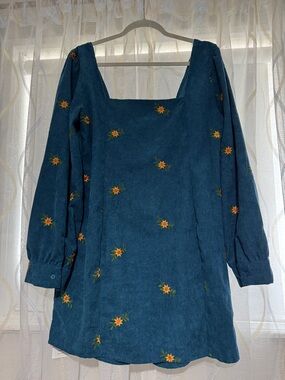 Cider Teal Corduroy Mini Dress with Yellow Floral Embroidery